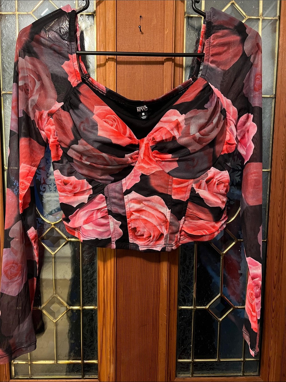 Mango Black Sheer Rose-Print Long Sleeve Crop Top